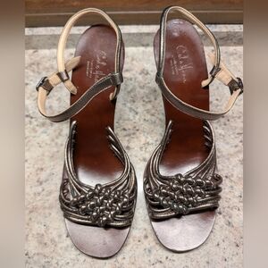 Cole Haan Collection Collezioni Pewter Slingback Sandals With Wooden Sole - Rare